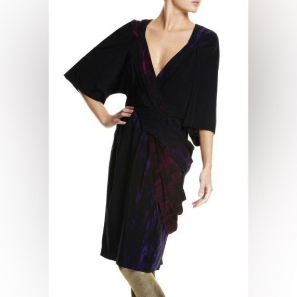 BCBG MAXAZRIA Runway Twisted Waist Plumberry Combo Draped Silk Dress - Picture 4 of 12
